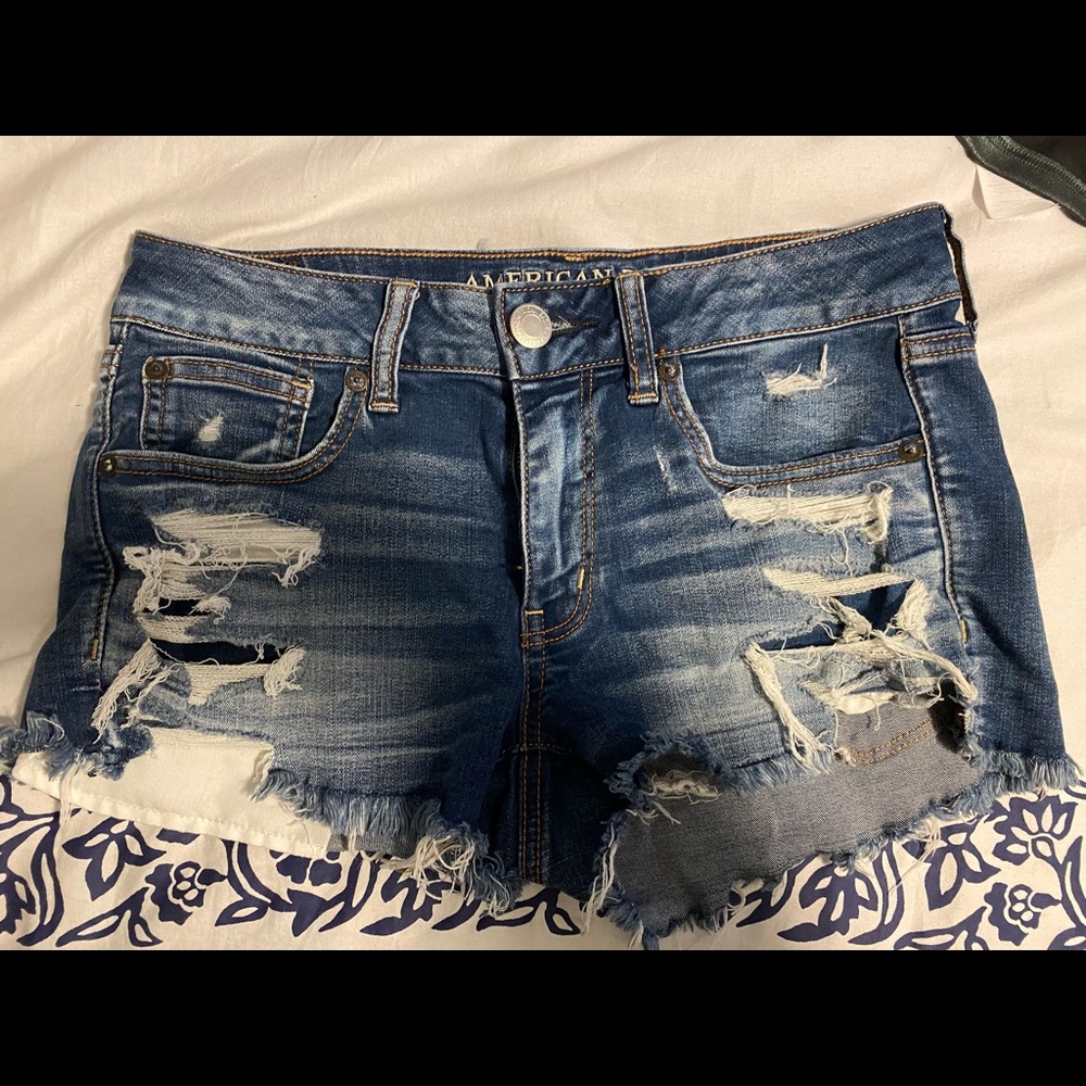 JEAN SHORTS, AEO low rise + dark wash